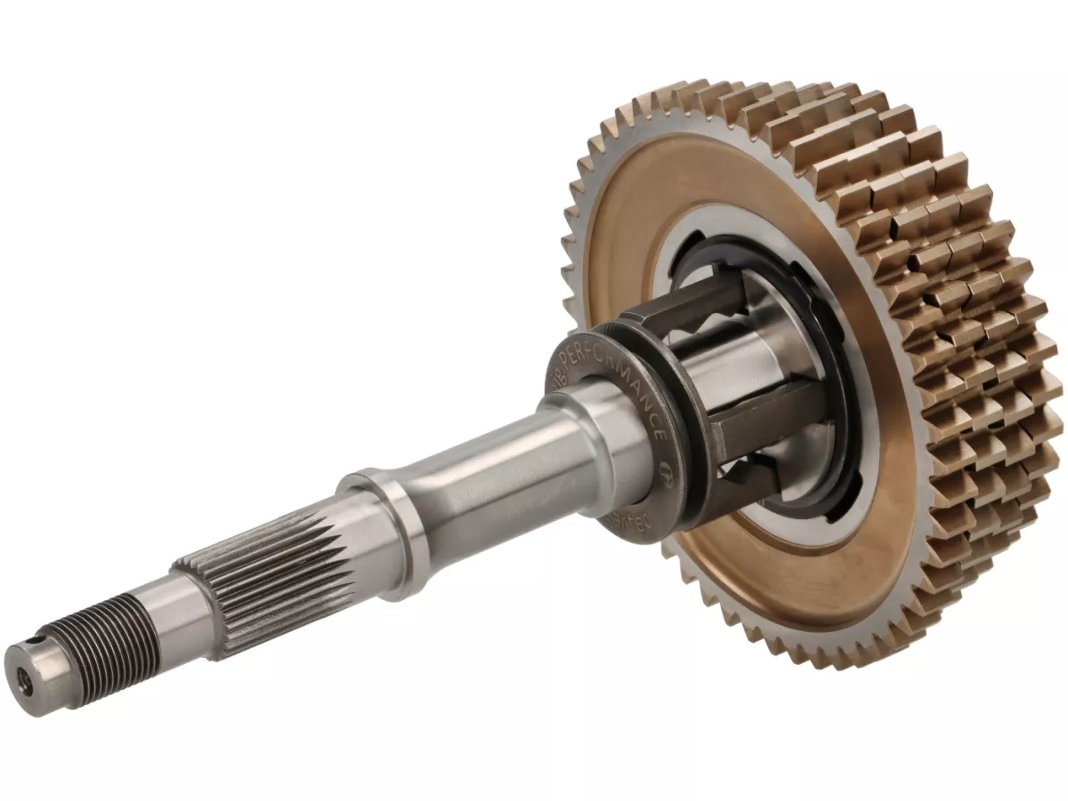 Gearbox lengkap (roda gigi termasuk poros utama + poros tambahan) -EGIG/FAIO X-TRA STRONG, poros penggerak CNC - Vespa Smallframe V50, PV, ET3, PK, HP 4-kecepatan - 18/37-15/38-12/42-10/52 - poros tambahan dengan kerucut