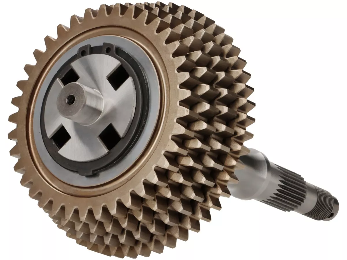 Gearbox lengkap (roda gigi termasuk poros utama + poros tambahan) -EGIG/FAIO X-TRA STRONG, poros penggerak CNC - Vespa Smallframe V50, PV, ET3, PK, HP 4-kecepatan - 18/37-15/38-12/42-10/52 - poros tambahan dengan kerucut