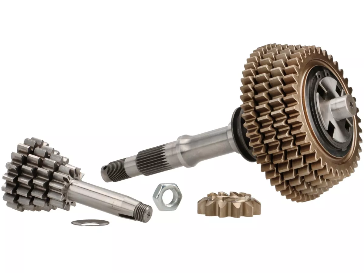 Gearbox lengkap (roda gigi termasuk poros utama + poros tambahan) -EGIG/FAIO X-TRA STRONG, poros penggerak CNC - Vespa Smallframe V50, PV, ET3, PK, HP 4-kecepatan - 18/37-15/38-12/42-10/52 - poros tambahan dengan kerucut