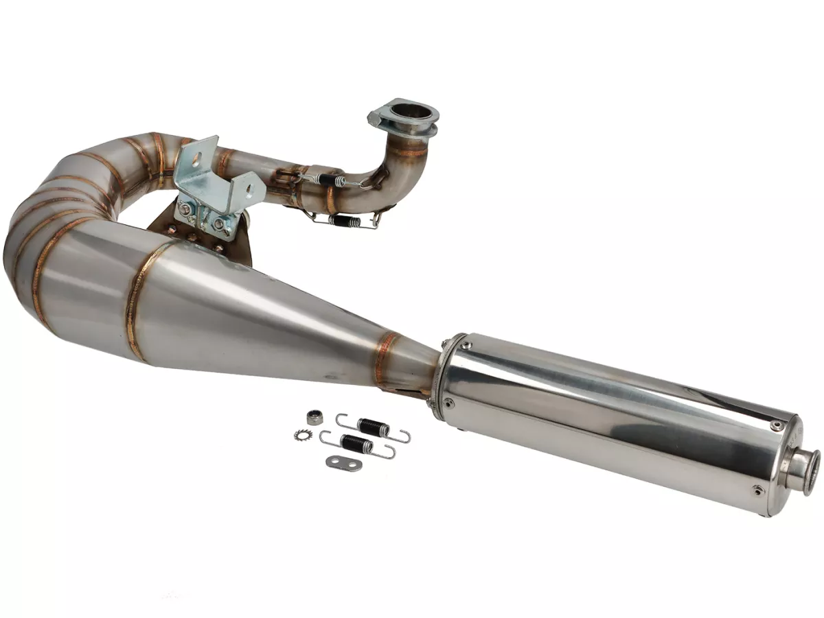 Exhaust -RS Series 2.0 'JL Style'- lefthand- Vespa PX80, PX125, PX150, Motovespa P125CL, P150CL, PX 125/150 Iris - 166cc, 177cc - stainless steel