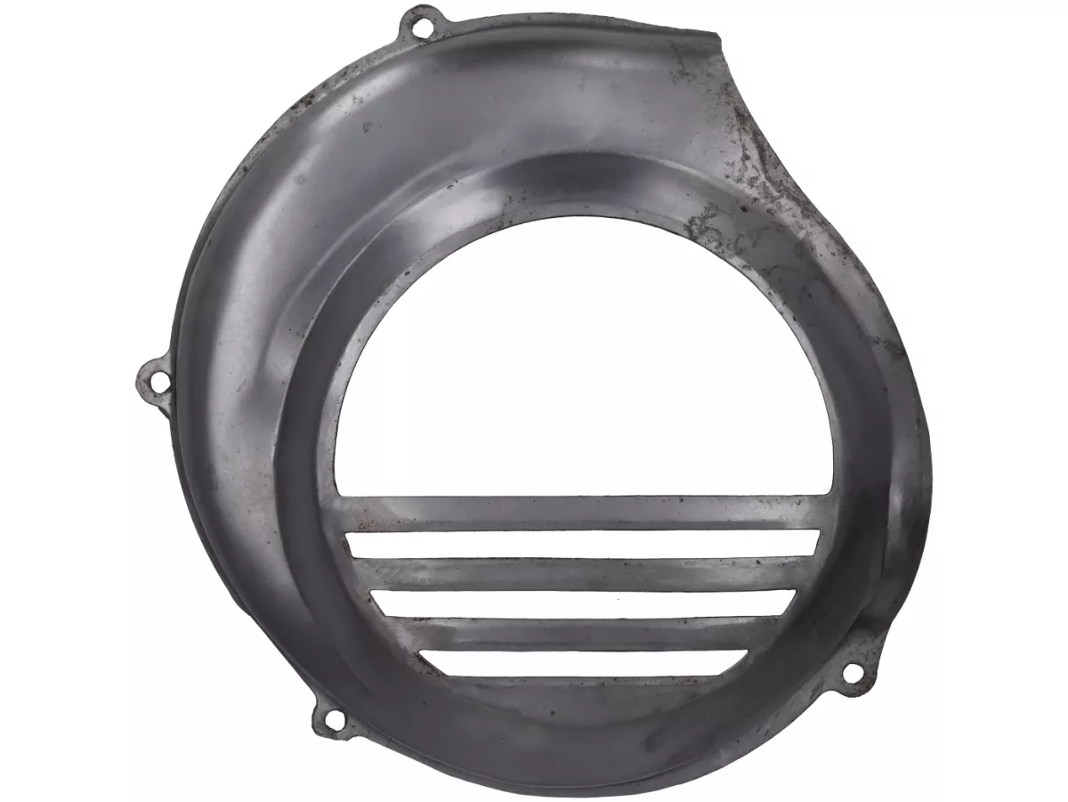 Fan wheel cover -PREMIUM- Vespa PX80, PX125, PX150, PX200 (models with electric starter/electric start) - bright steel, oiled