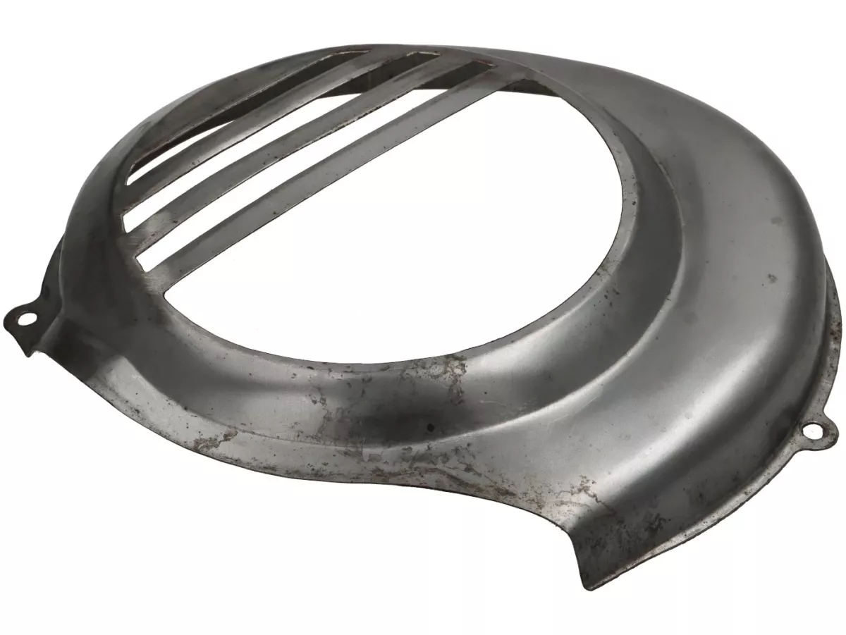 Fan wheel cover -PREMIUM- Vespa PX80, PX125, PX150, PX200 (models with electric starter/electric start) - bright steel, oiled
