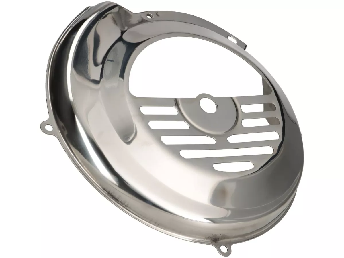 Ventilatorwieldeksel -PREMIUM- Vespa Smallframe V50, PV en ET3, Motovespa 50 (06M/07M),125 Primavera/ET3 (9NK/9NV/9T/9PK/9PN/9PR) - zonder Elestart - gepolijst roestvrij staal