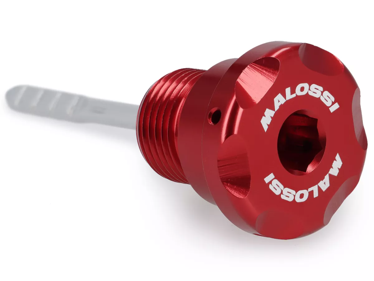 Oil filler plug with dipstick -MALOSSI- Engine oil- Piaggio Leader/Quasar - Vespa ET4, LX, LXV, S, GT, GTS, GTV, GTL 125-300, Royal Alloy GP, TG - red