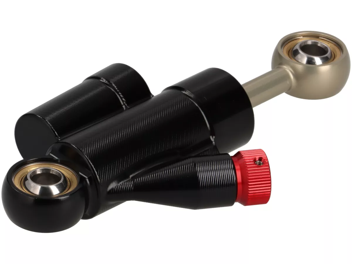 Amortiguador de dirección incl. soporte -STD ScooterTec- aluminio CNC - para Vespa PX old, PX Lusso, Disc, 2011 y Motovespa DN, PX, Iris - color: negro