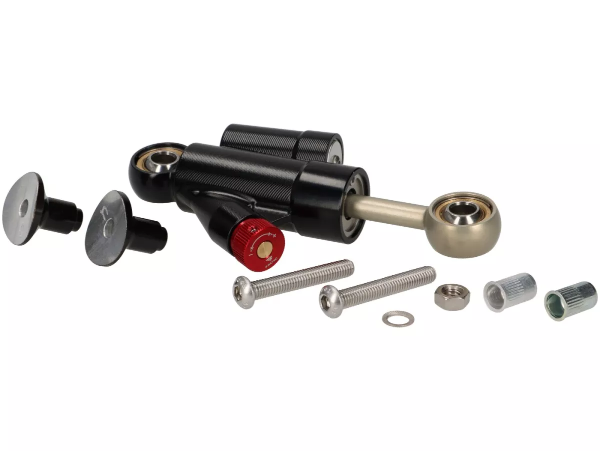 Stuurdemper incl. bevestiging -STD ScooterTec- aluminium CNC - voor Vespa PX oud, PX Lusso, Disc, 2011 en Motovespa DN, PX, Iris - kleur: zwart
