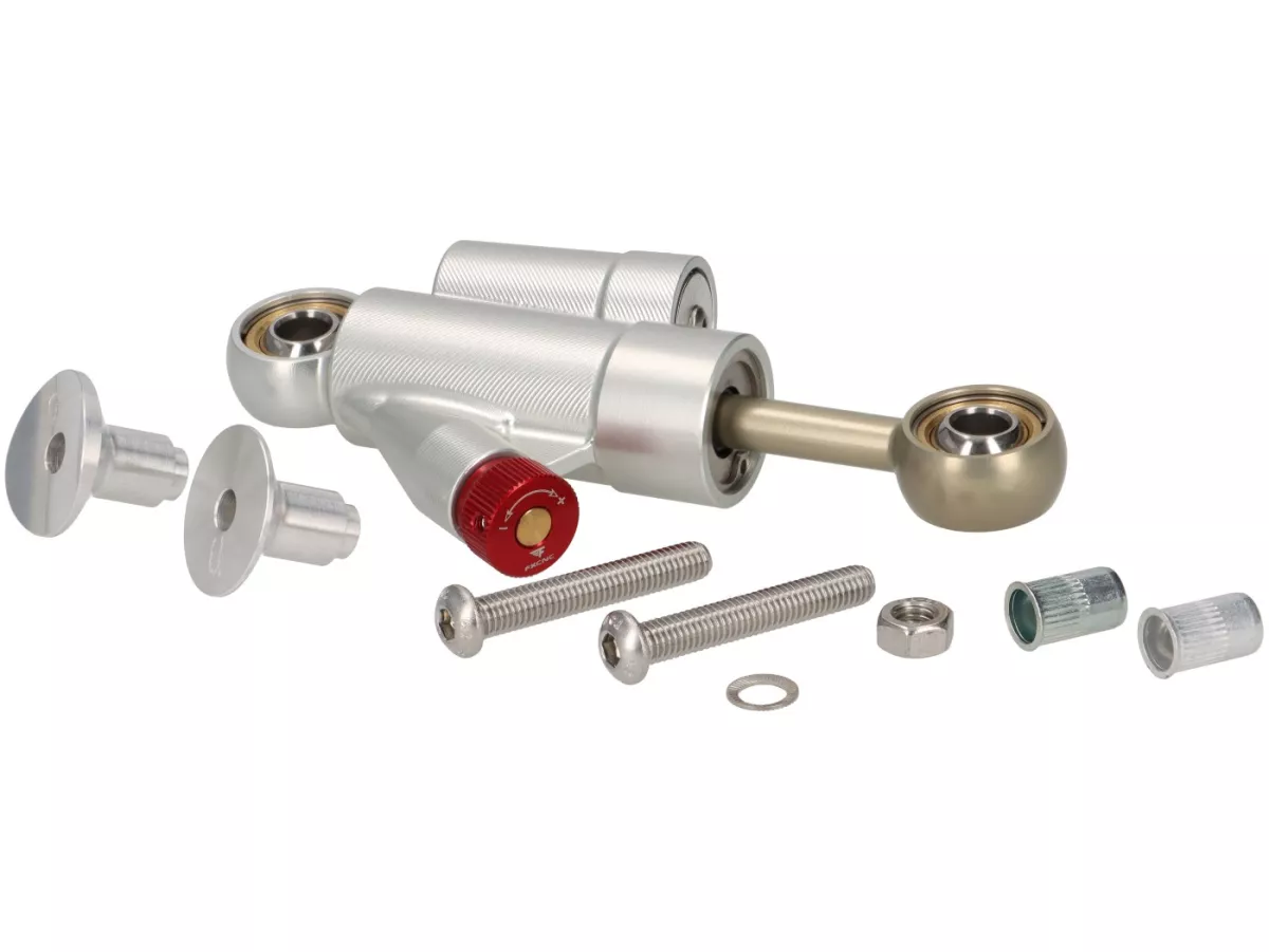 Amortiguador de dirección incl. soporte -STD ScooterTec- Aluminio CNC - para Vespa V50 Special - Color: Aluminio