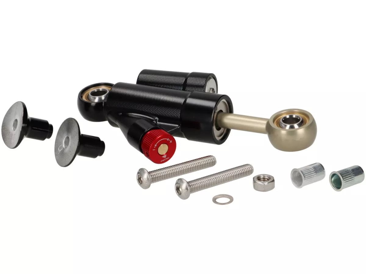 Steering damper incl. mount -STD ScooterTec- aluminum CNC - for Vespa V50 Special - color: black
