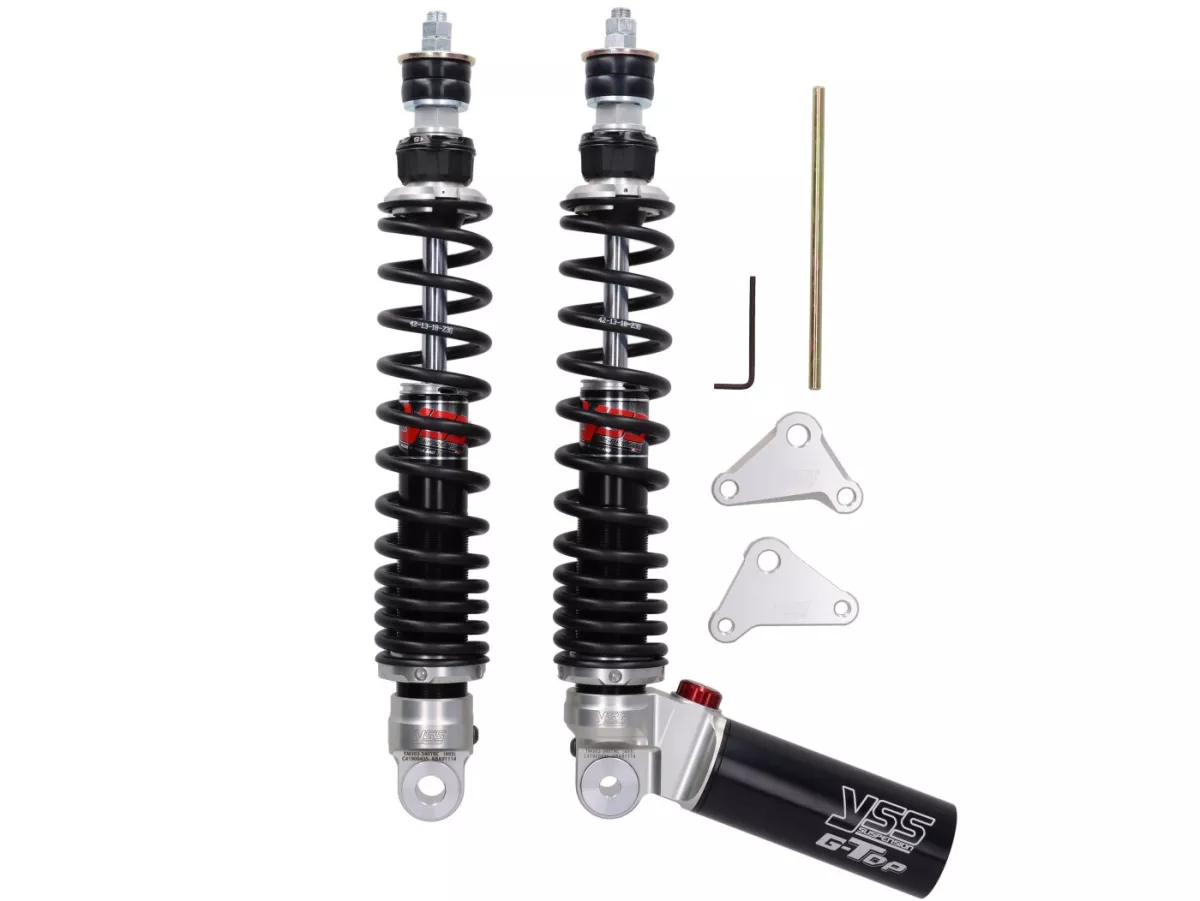 Rear shock absorber set -YSS- G-Top - gas pressure with external reservoir, 340mm, with TÜV/ABE- Vespa GT 125-200, GTL 125-200, GTS 125-300, GTV 125-300 - black