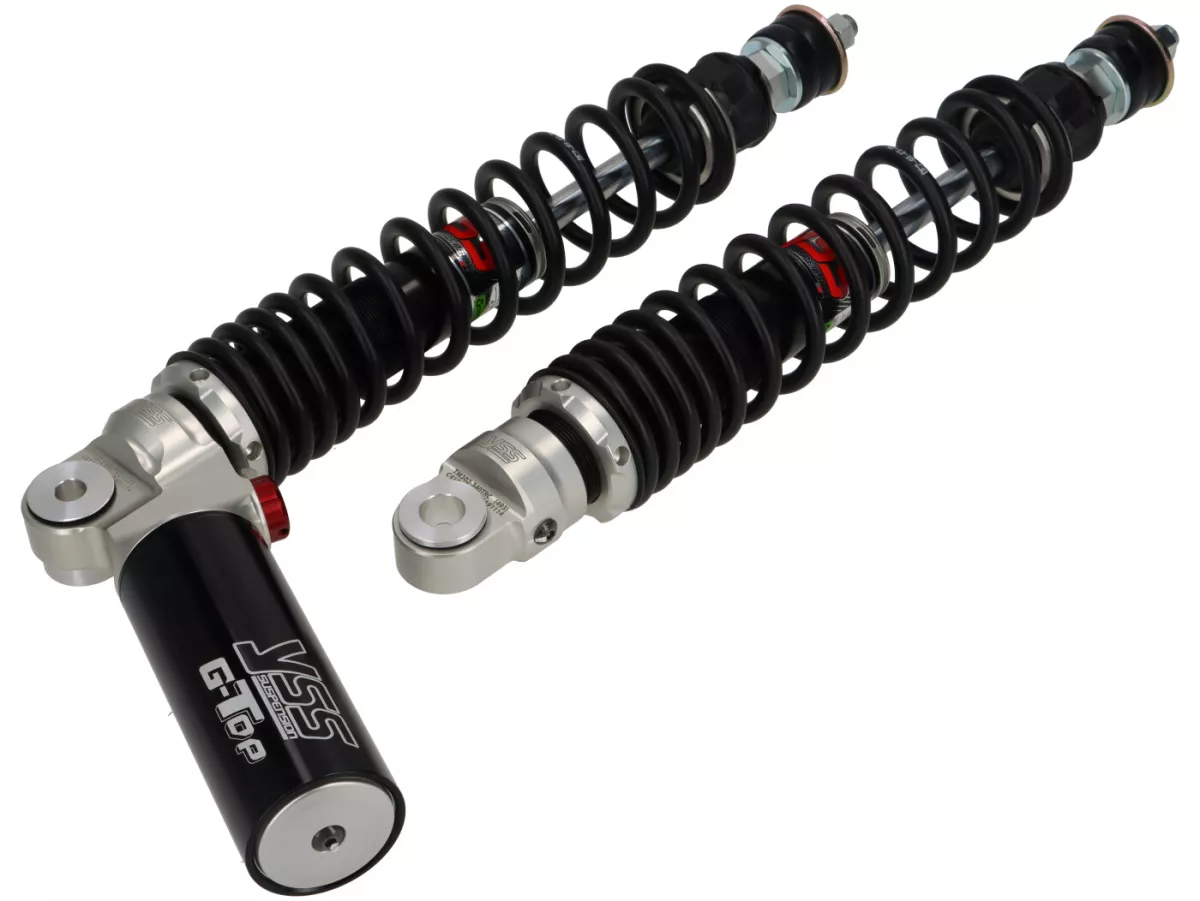 Rear shock absorber set -YSS- G-Top - gas pressure with external reservoir, 340mm, with TÜV/ABE- Vespa GT 125-200, GTL 125-200, GTS 125-300, GTV 125-300 - black