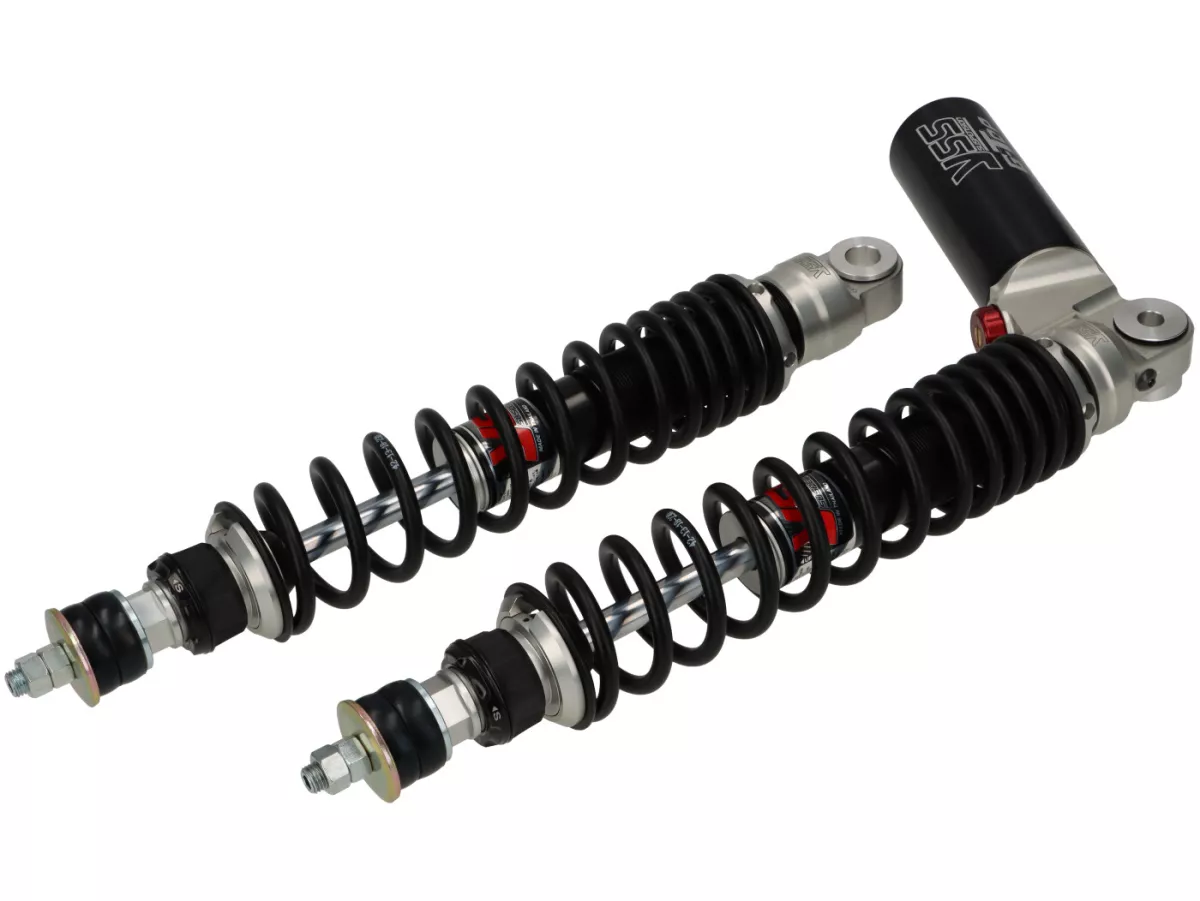 Rear shock absorber set -YSS- G-Top - gas pressure with external reservoir, 340mm, with TÜV/ABE- Vespa GT 125-200, GTL 125-200, GTS 125-300, GTV 125-300 - black