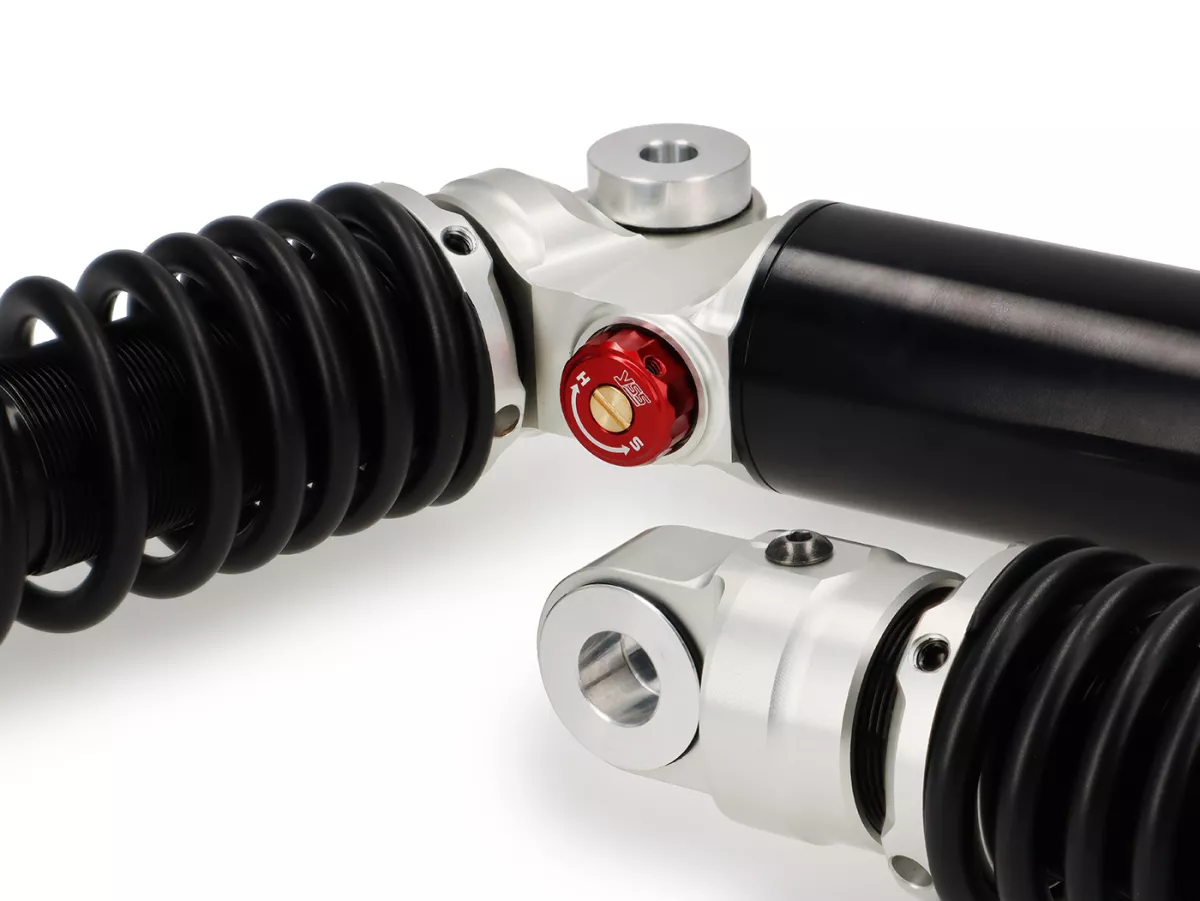 Rear shock absorber set -YSS- G-Top - gas pressure with external reservoir, 340mm, with TÜV/ABE- Vespa GT 125-200, GTL 125-200, GTS 125-300, GTV 125-300 - black