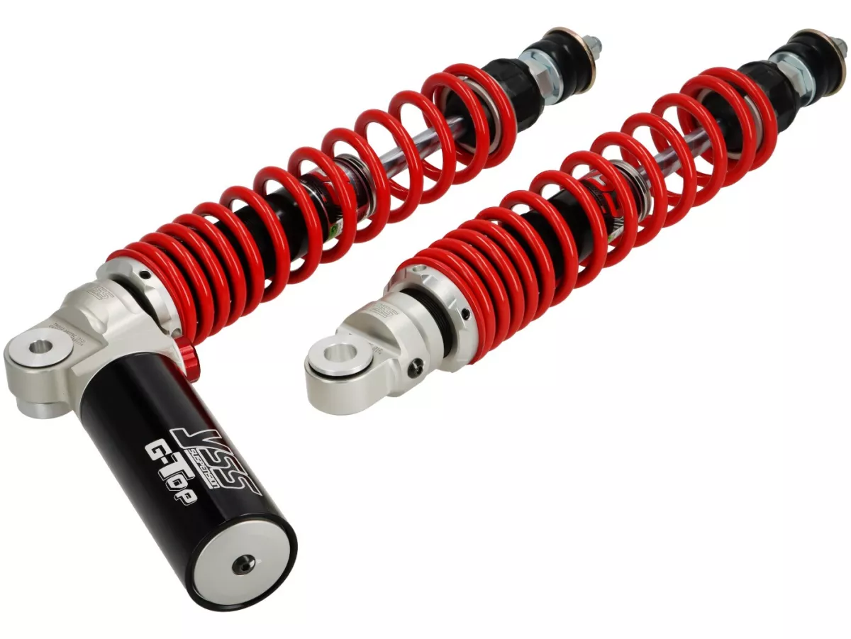 Rear shock absorber set -YSS- G-Top - gas pressure with external reservoir, 340mm, with TÜV/ABE- Vespa GT 125-200, GTL 125-200, GTS 125-300, GTV 125-300 - red