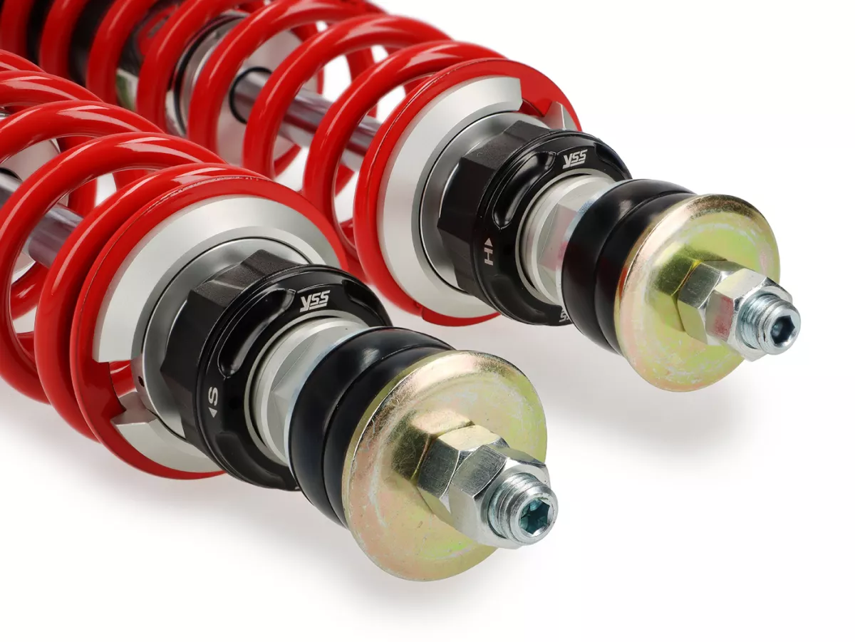 Rear shock absorber set -YSS- G-Top - gas pressure with external reservoir, 340mm, with TÜV/ABE- Vespa GT 125-200, GTL 125-200, GTS 125-300, GTV 125-300 - red