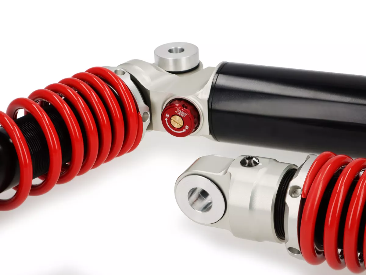 Rear shock absorber set -YSS- G-Top - gas pressure with external reservoir, 340mm, with TÜV/ABE- Vespa GT 125-200, GTL 125-200, GTS 125-300, GTV 125-300 - red