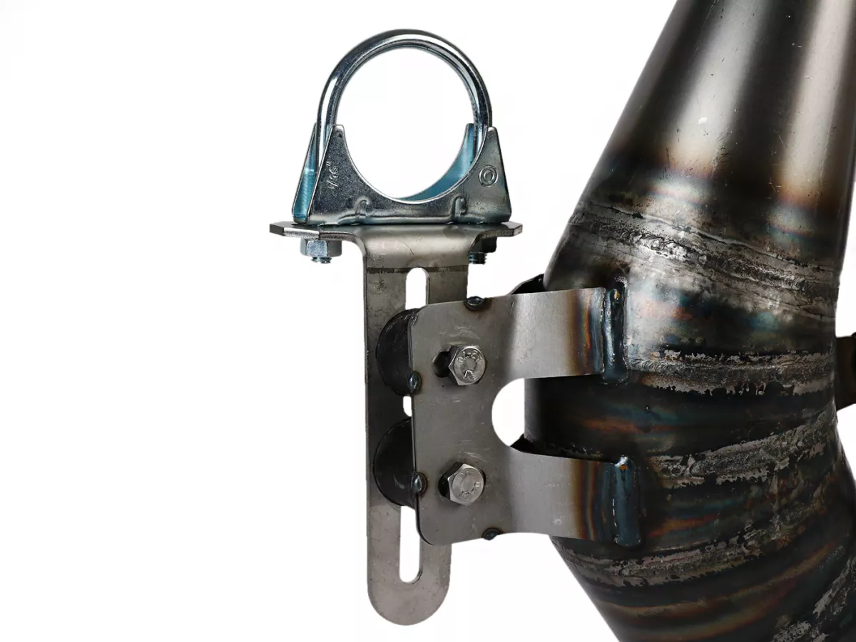 Avgasrör -EGIG PERFORMANCE Unisex Curly (1,5 mm plåt) 125-170cc, Ø=32mm (54-60mm bultavstånd), bultad XXL bakre ljuddämpare (Ø70mm) - Vespa ET3, PV125 (passar även för fordon med bagageutrymme i vänster sidokåpa)