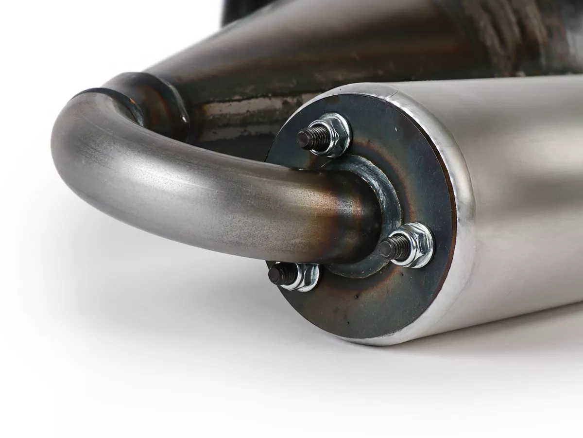 Avgasrör -EGIG PERFORMANCE Unisex Curly (1,5 mm plåt) 125-170cc, Ø=32mm (54-60mm bultavstånd), bultad XXL bakre ljuddämpare (Ø70mm) - Vespa ET3, PV125 (passar även för fordon med bagageutrymme i vänster sidokåpa)