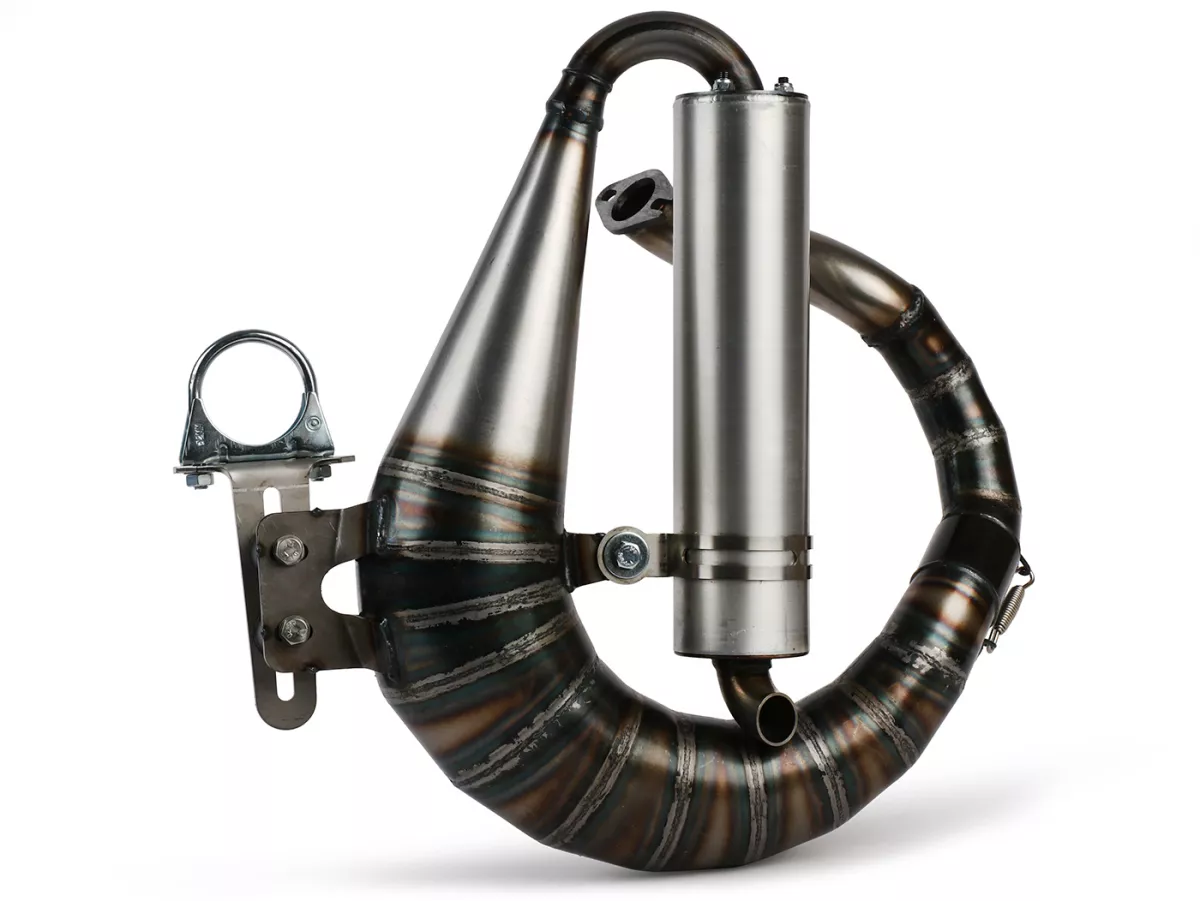 Knalpot -EGIG PERFORMANCE Unisex Curly 125-170/180/187ccm, Ø = 32mm (jarak stud 54-60mm), peredam belakang XXL yang dibaut (Ø70mm) - Vespa ET3, PV125 (juga cocok untuk kendaraan dengan ruang bagasi di penutup sisi kiri)