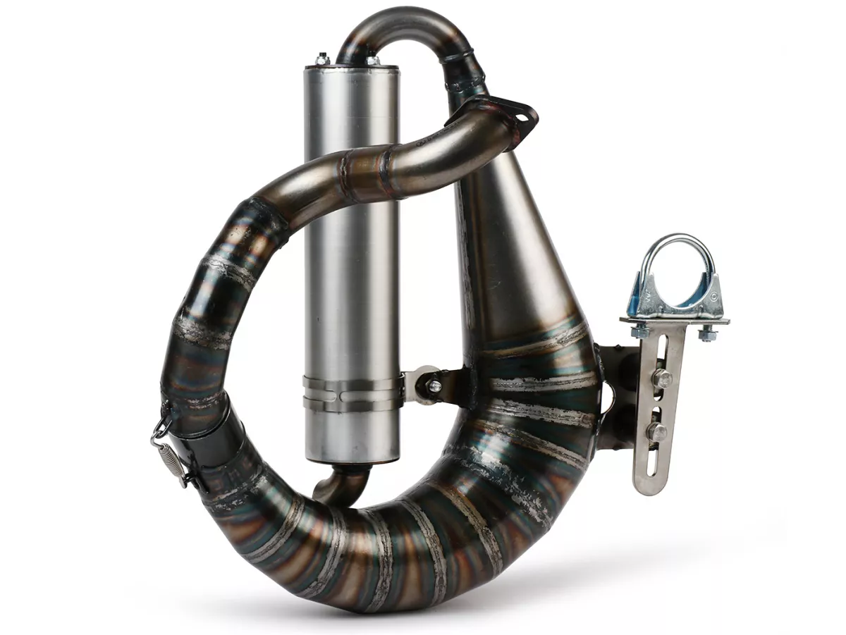 Knalpot -EGIG PERFORMANCE Unisex Curly 125-170/180/187ccm, Ø = 32mm (jarak stud 54-60mm), peredam belakang XXL yang dibaut (Ø70mm) - Vespa ET3, PV125 (juga cocok untuk kendaraan dengan ruang bagasi di penutup sisi kiri)