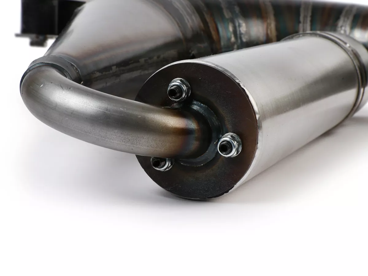 Knalpot -EGIG PERFORMANCE Unisex Curly 125-170/180/187ccm, Ø = 32mm (jarak stud 54-60mm), peredam belakang XXL yang dibaut (Ø70mm) - Vespa ET3, PV125 (juga cocok untuk kendaraan dengan ruang bagasi di penutup sisi kiri)