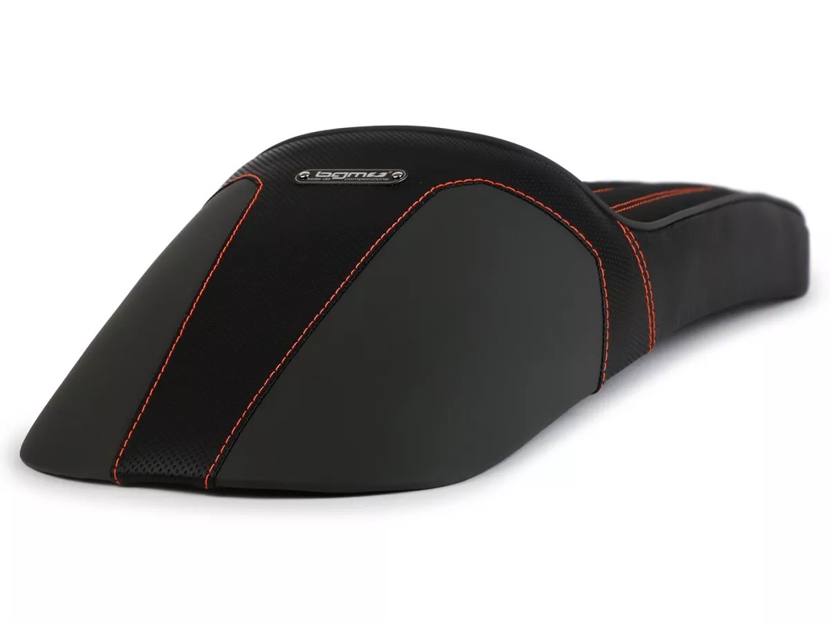 Selle BGM TEST BIKE avec coutures orange pour Royal Alloy GP 125/300/350, TG 125/300/350