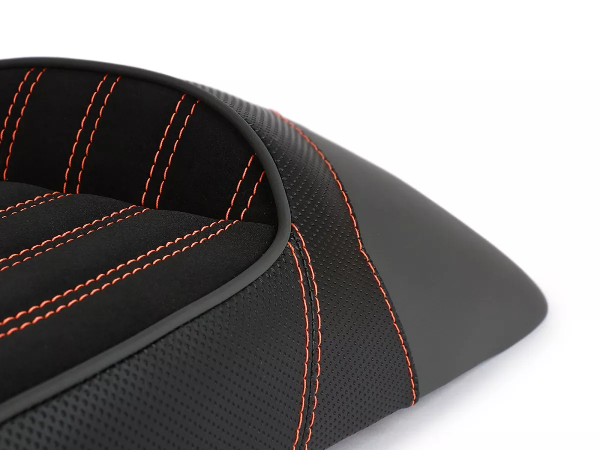 Selle BGM TEST BIKE avec coutures orange pour Royal Alloy GP 125/300/350, TG 125/300/350