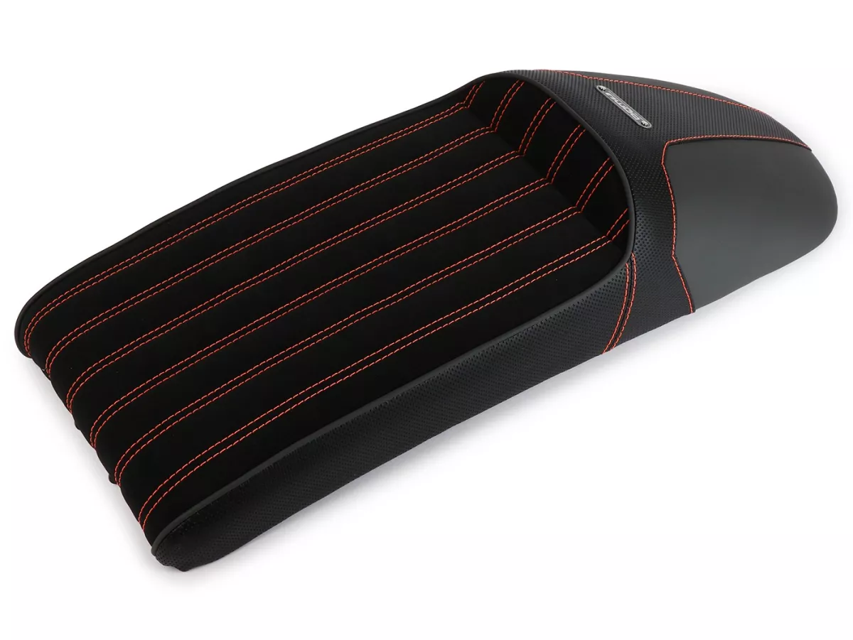 Selle BGM TEST BIKE avec coutures orange pour Royal Alloy GP 125/300/350, TG 125/300/350