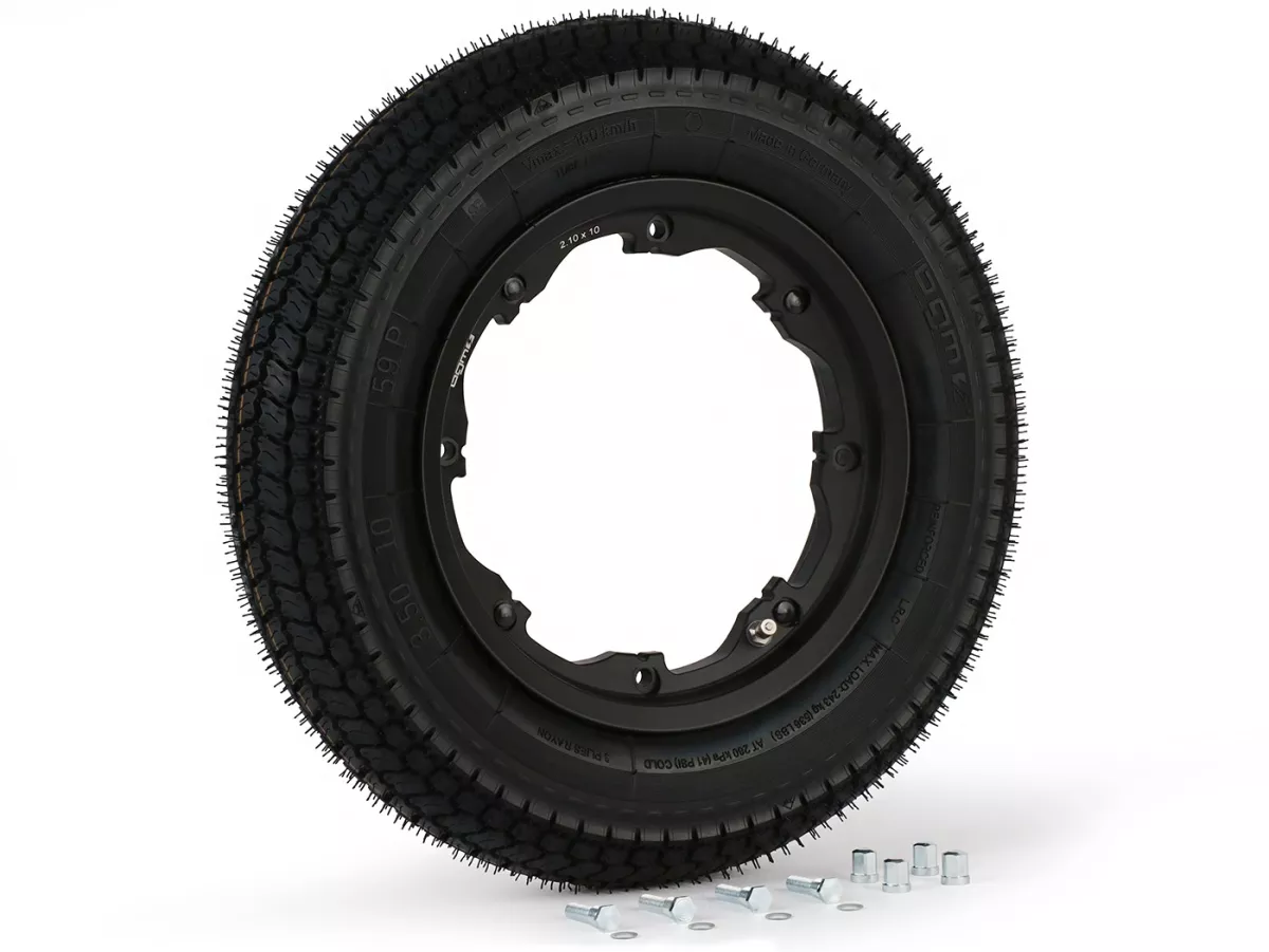 Roue complète -BGM Classic, sans chambre à air, Lambretta- 3.50 - 10 pouces TL 59S (renforcée) - Jante 2.10-10 noire