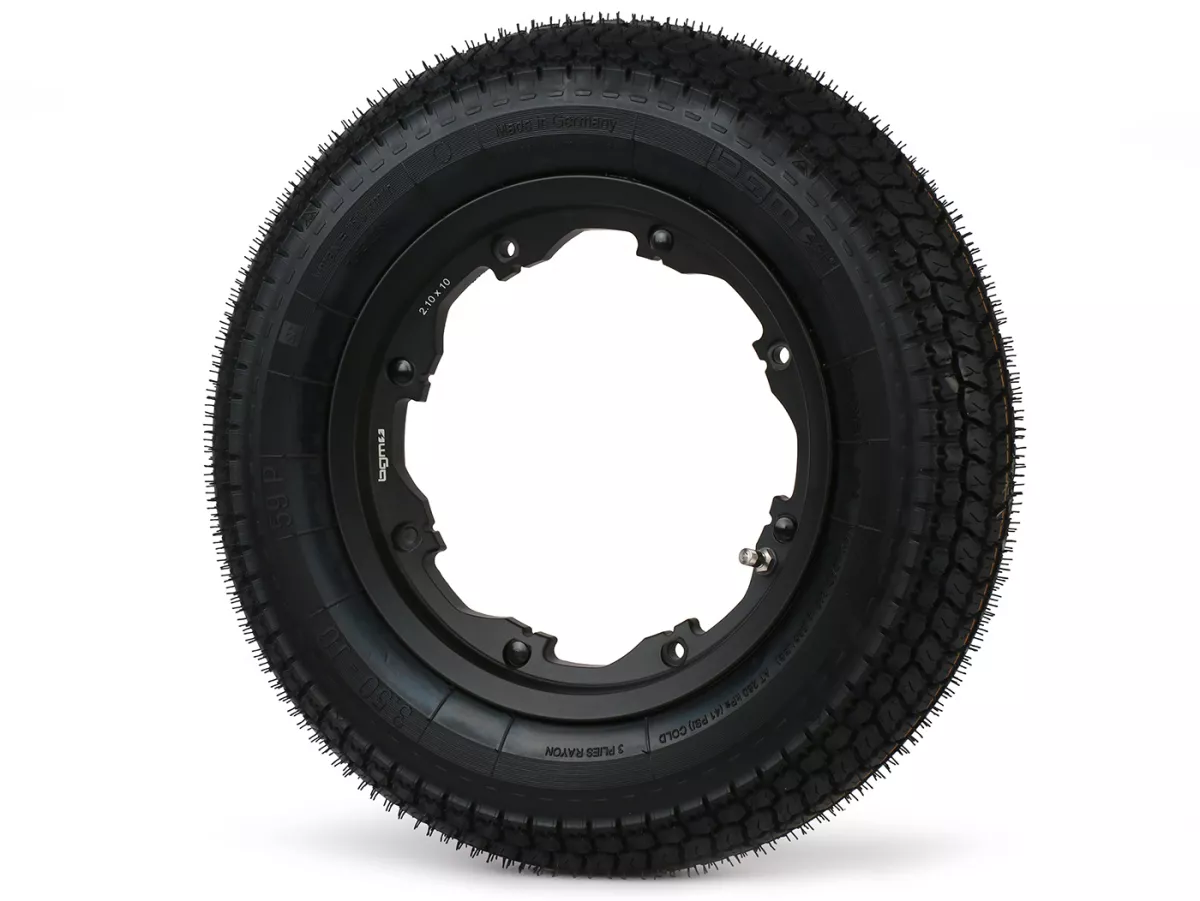 Roue complète -BGM Classic, sans chambre à air, Lambretta- 3.50 - 10 pouces TL 59S (renforcée) - Jante 2.10-10 noire