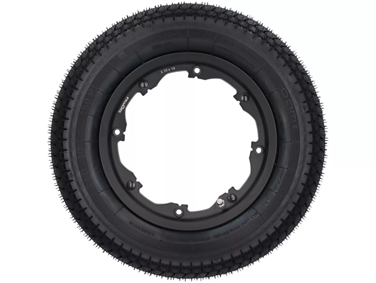 Roue complète -BGM Classic, sans chambre à air, Lambretta- 3.50 - 10 pouces TL 59S (renforcée) - Jante 2.10-10 noire