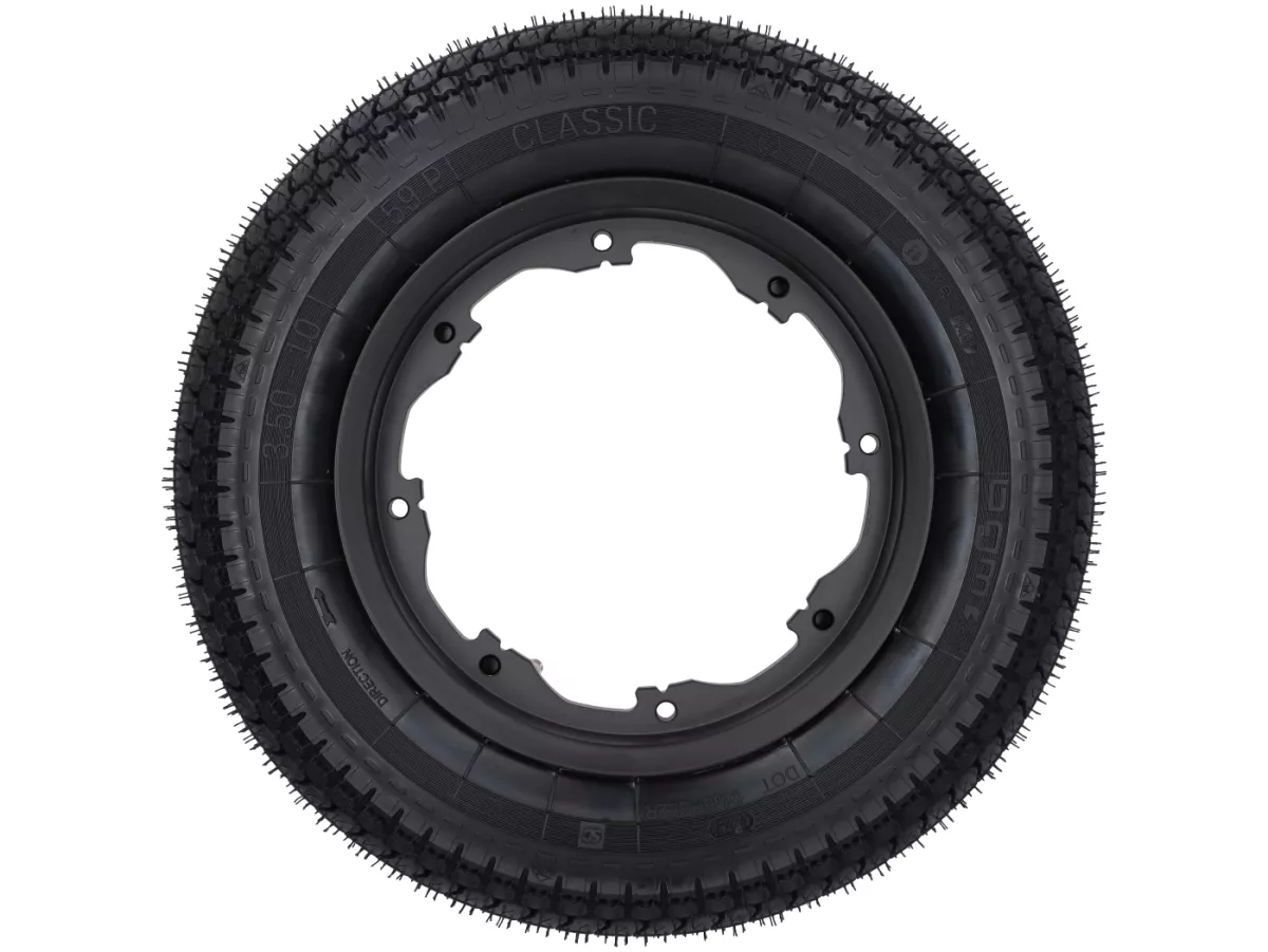 Roue complète -BGM Classic, sans chambre à air, Lambretta- 3.50 - 10 pouces TL 59S (renforcée) - Jante 2.10-10 noire