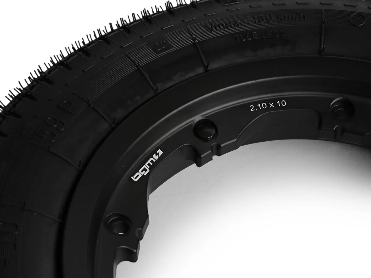 Roue complète -BGM Classic, sans chambre à air, Lambretta- 3.50 - 10 pouces TL 59S (renforcée) - Jante 2.10-10 noire