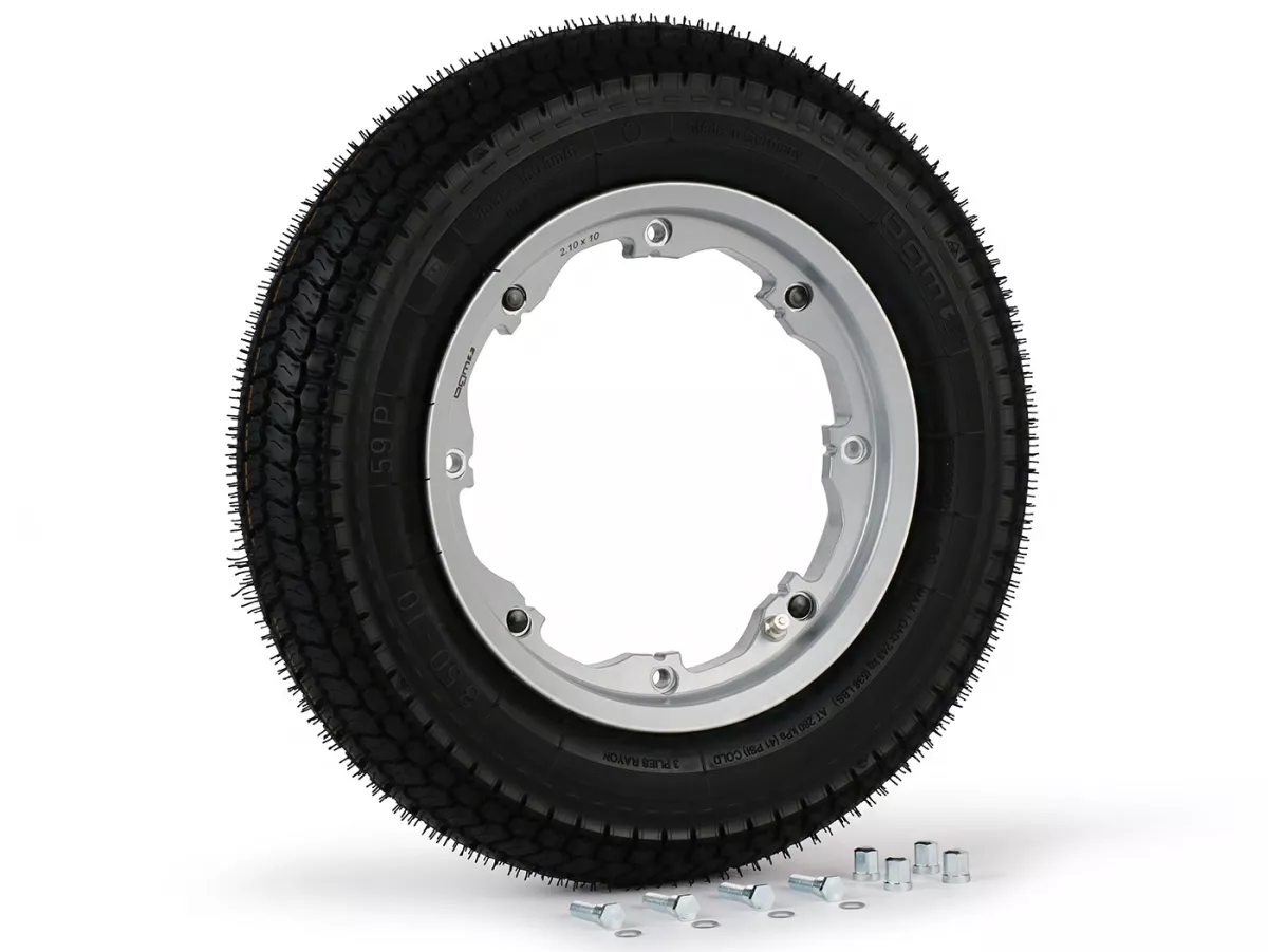 Roue complète -BGM Classic, sans chambre à air, Lambretta- 3.50 - 10 pouces TL 59S (reinforced) - Jante 2.10-10 - argentée
