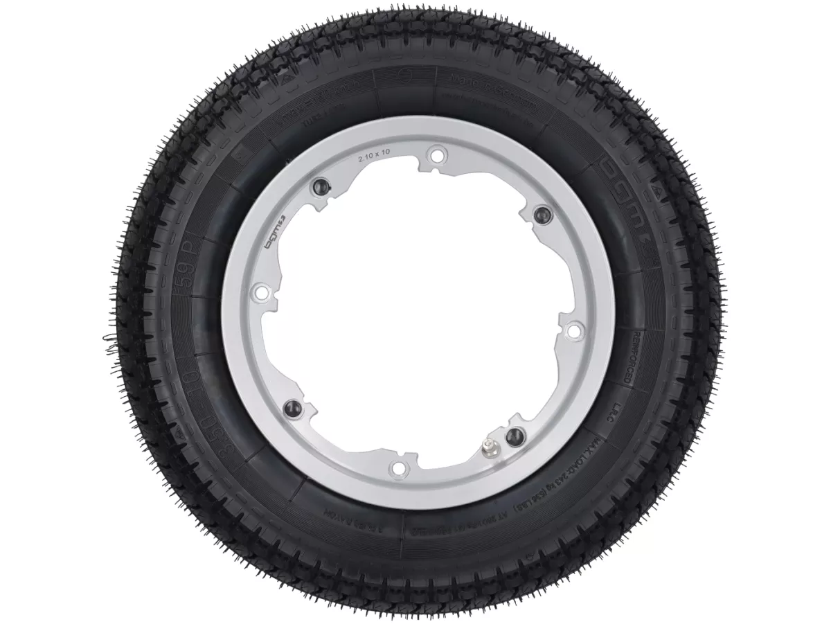 Roue complète -BGM Classic, sans chambre à air, Lambretta- 3.50 - 10 pouces TL 59S (reinforced) - Jante 2.10-10 - argentée
