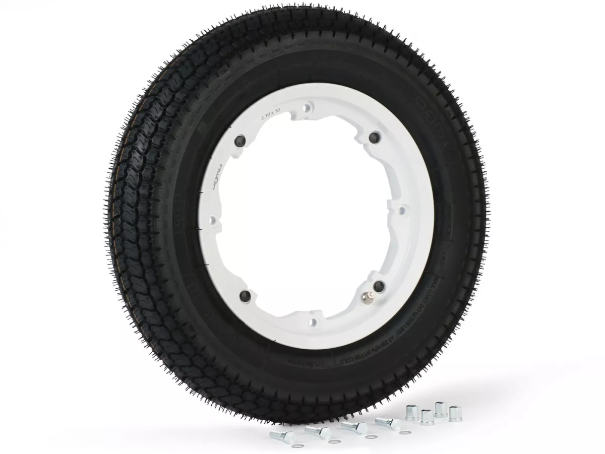 Roue complète -BGM Classic, sans chambre à air, Lambretta- 3.50 - 10 pouces TL 59S (reinforced) - Jante 2.10-10 blanche