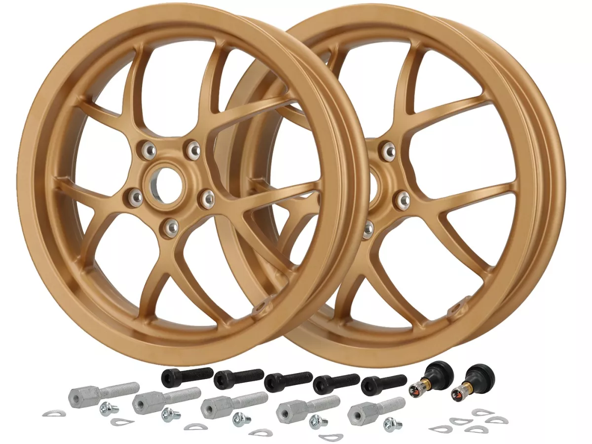 Wielset (voor+achter incl. montagesets) -BGM PRO SPORT - 3.00-13 inch - Vespa GTS, GTS Super, GTV, Sei Giorni, GT 60, GT, GT L 125-310cc - goud mat