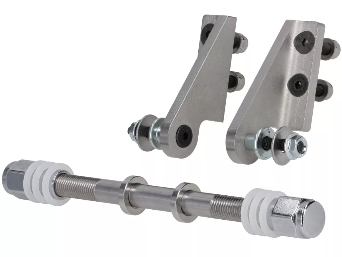 Juego de tuercas rueda delantera incl. soportes soldados para montaje amortiguador abajo + arriba -CASA PERFORMANCE- Lambretta J, Lui Vega