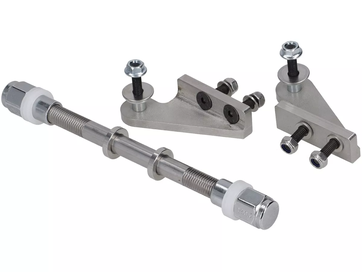 Juego de tuercas rueda delantera incl. soportes soldados para montaje amortiguador abajo + arriba -CASA PERFORMANCE- Lambretta J, Lui Vega