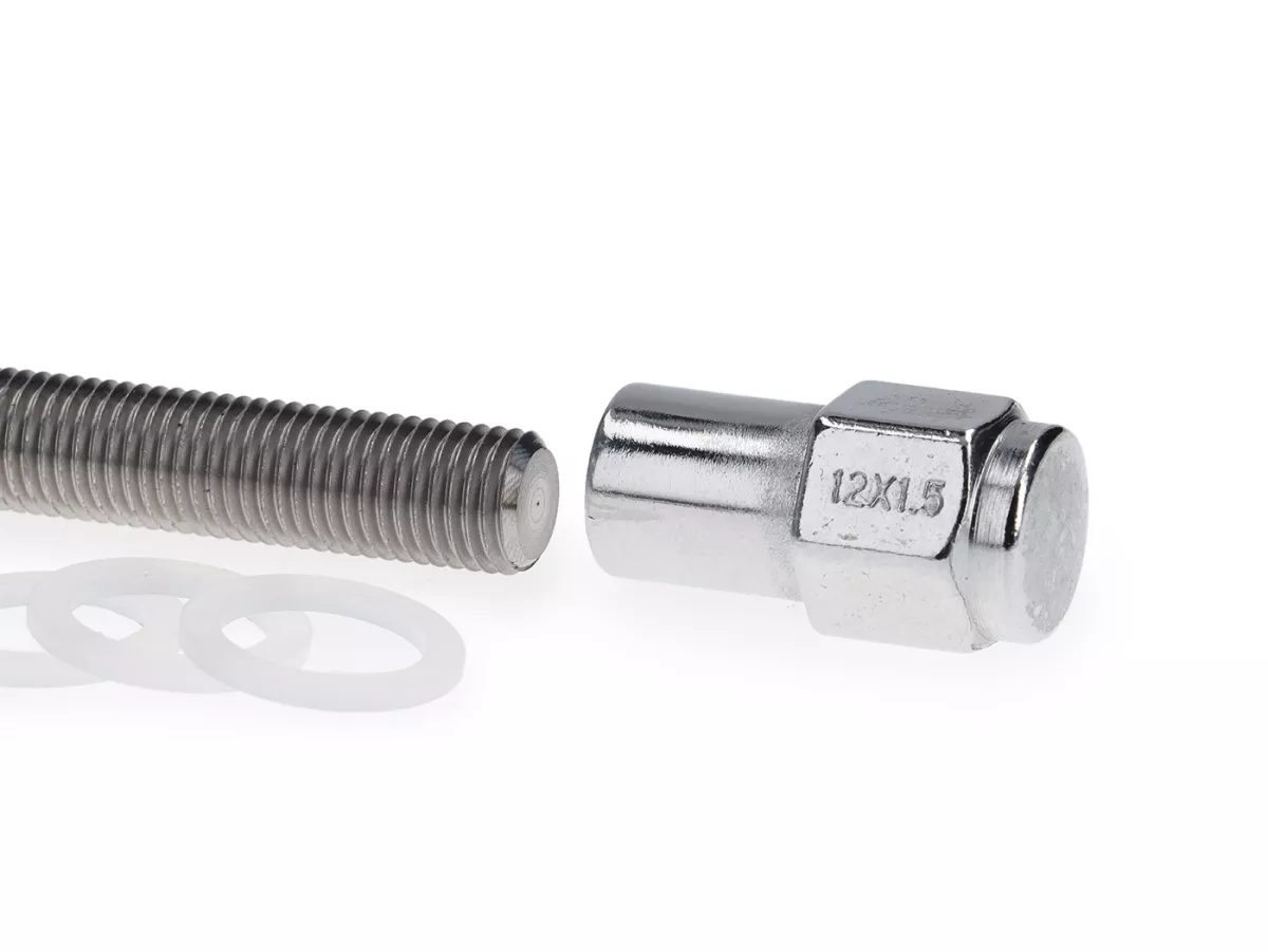 Juego de tuercas rueda delantera incl. soportes soldados para montaje amortiguador abajo + arriba -CASA PERFORMANCE- Lambretta J, Lui Vega