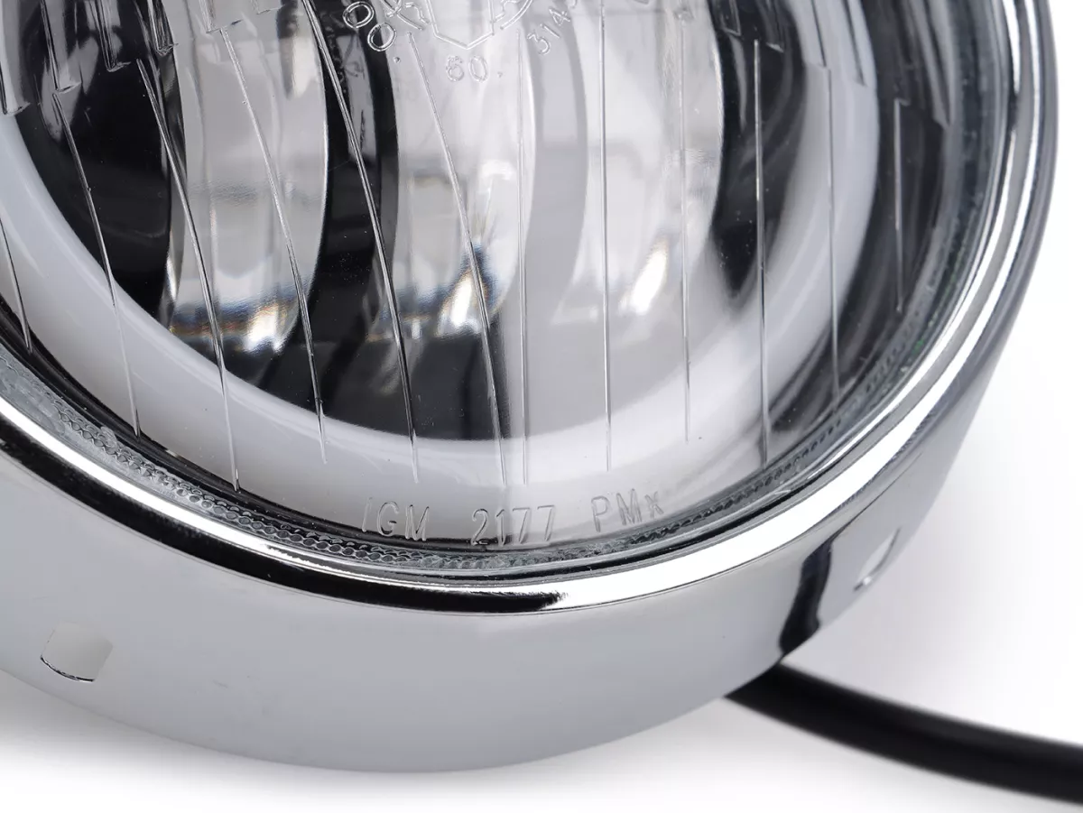 Lampu depan -SIEM LED Ø=115/120mm (kaca/luar) - Vespa VNB3T ke VNB6T, VBA1T, VBB1T ke VBB2T, GS150/GS3 (VS4T ke VS5T), GS160/GS4 (VSB1T) - kaca, termasuk cincin lis - termasuk set konverter tegangan