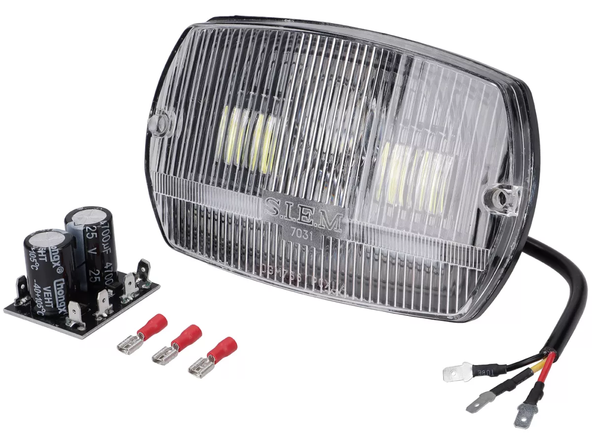 Lampu depan -SIEM LED, persegi panjang (dengan tanda persetujuan DGM) - Vespa V50 Special - termasuk set konverter tegangan