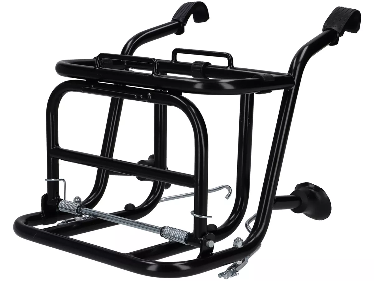Opvouwbaar voorbagagerek -CUPPINI- zwart, voor het vervoeren van 5 liter benzineblikken- Vespa Largeframe PX, Rally, Sprint, GT, GTR,TS en Smallframe 50S/N/L/R, 50SR, PV, ET3, PK S, PK XL.