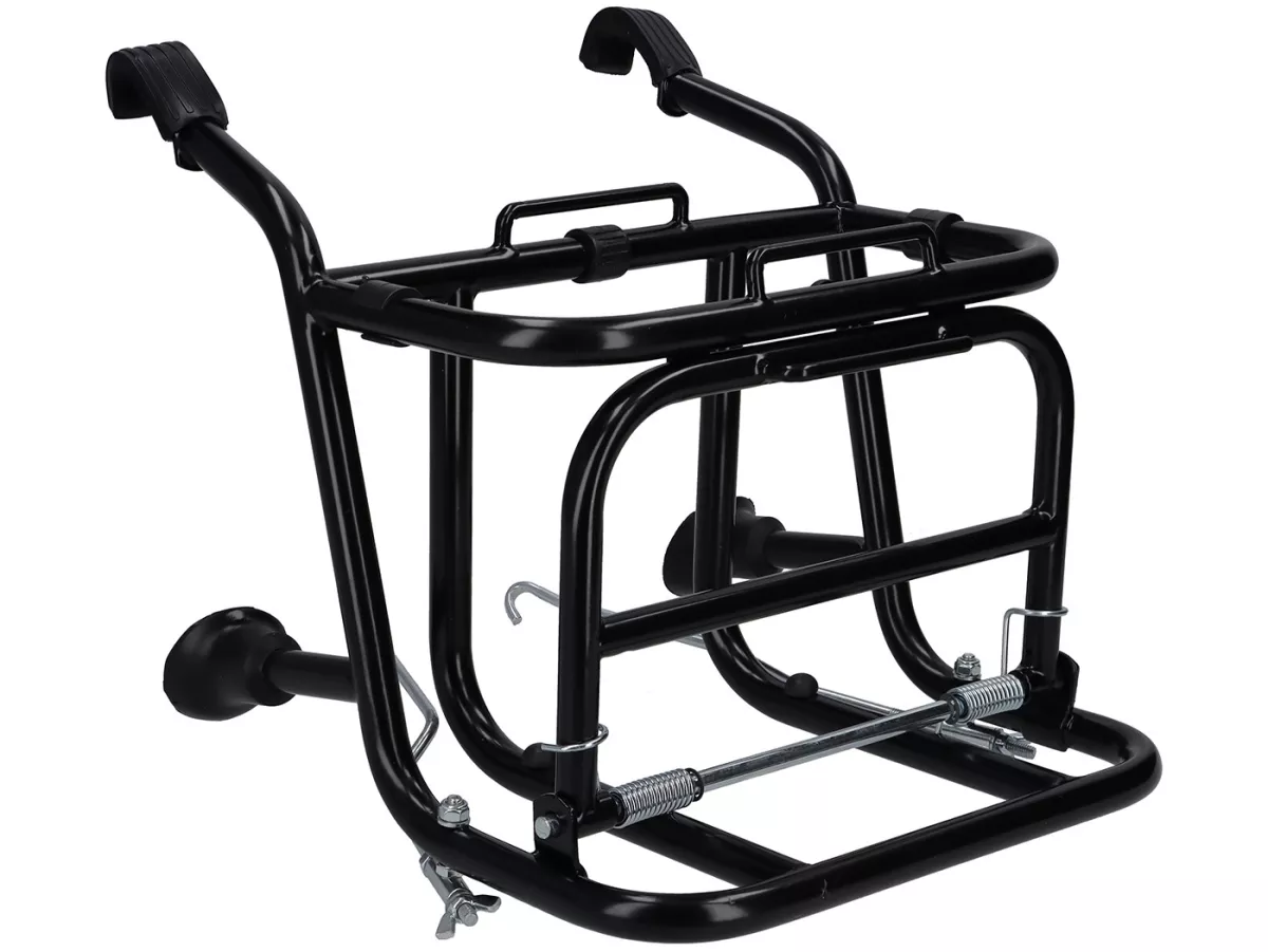 Opvouwbaar voorbagagerek -CUPPINI- zwart, voor het vervoeren van 5 liter benzineblikken- Vespa Largeframe PX, Rally, Sprint, GT, GTR,TS en Smallframe 50S/N/L/R, 50SR, PV, ET3, PK S, PK XL.