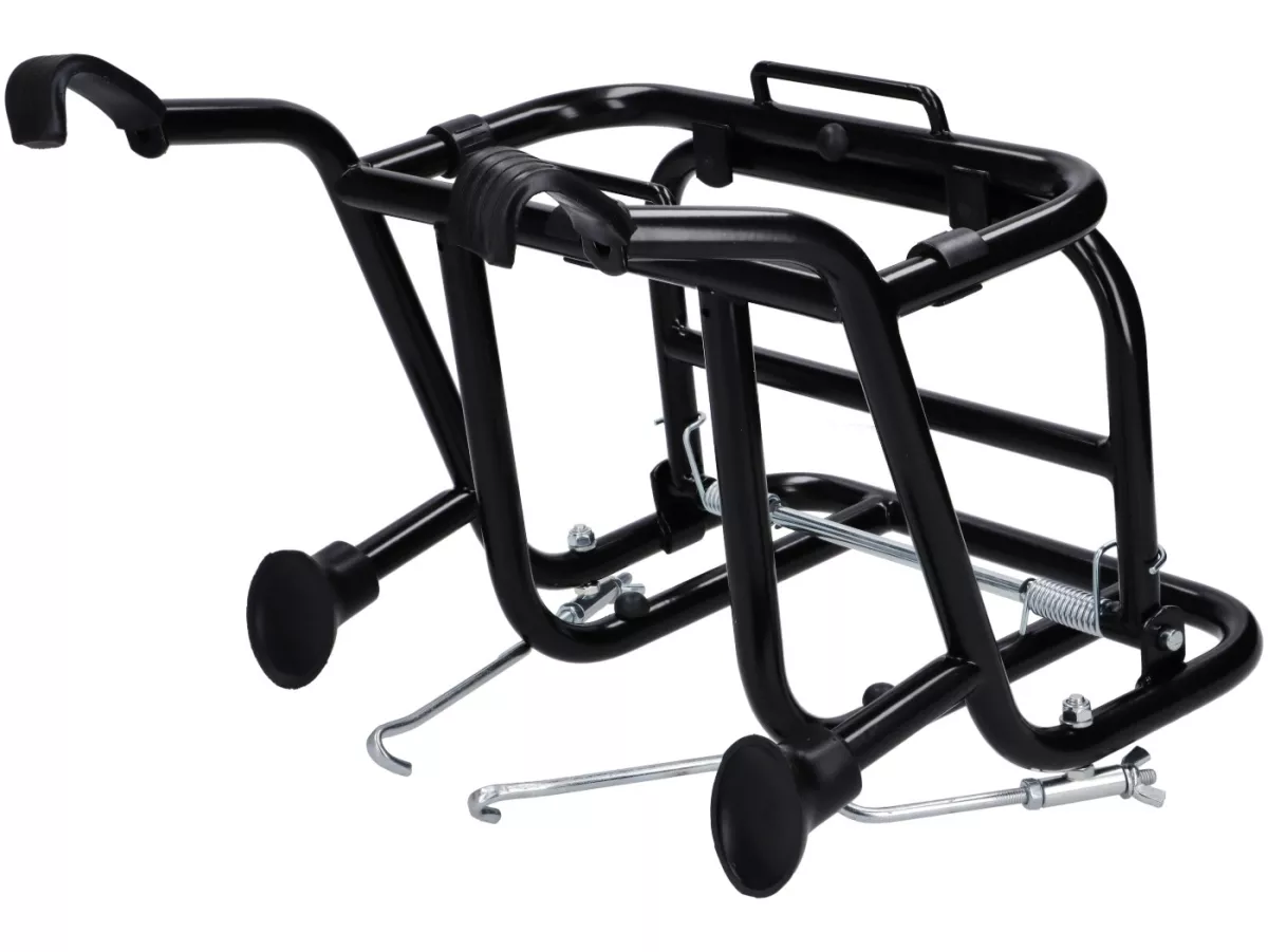 Opvouwbaar voorbagagerek -CUPPINI- zwart, voor het vervoeren van 5 liter benzineblikken- Vespa Largeframe PX, Rally, Sprint, GT, GTR,TS en Smallframe 50S/N/L/R, 50SR, PV, ET3, PK S, PK XL.