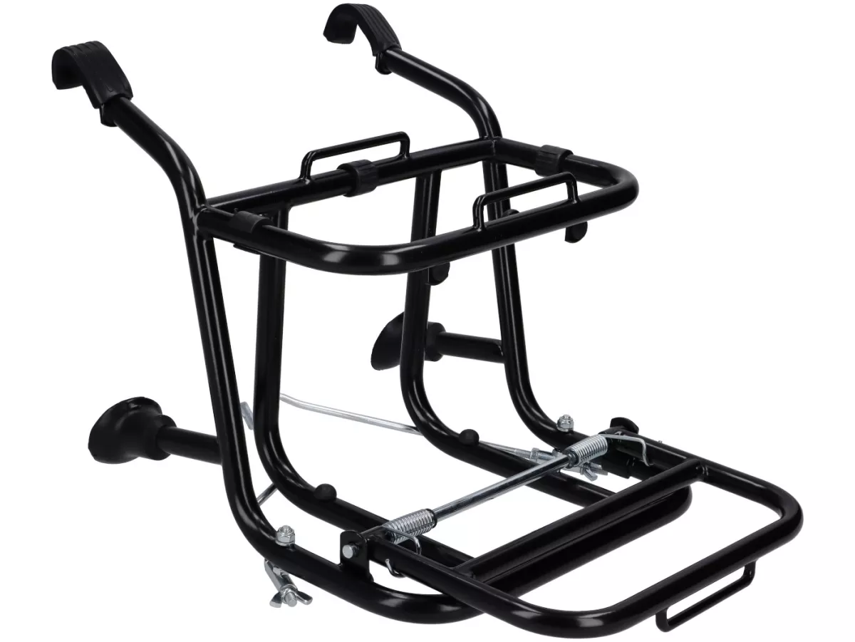 Opvouwbaar voorbagagerek -CUPPINI- zwart, voor het vervoeren van 5 liter benzineblikken- Vespa Largeframe PX, Rally, Sprint, GT, GTR,TS en Smallframe 50S/N/L/R, 50SR, PV, ET3, PK S, PK XL.