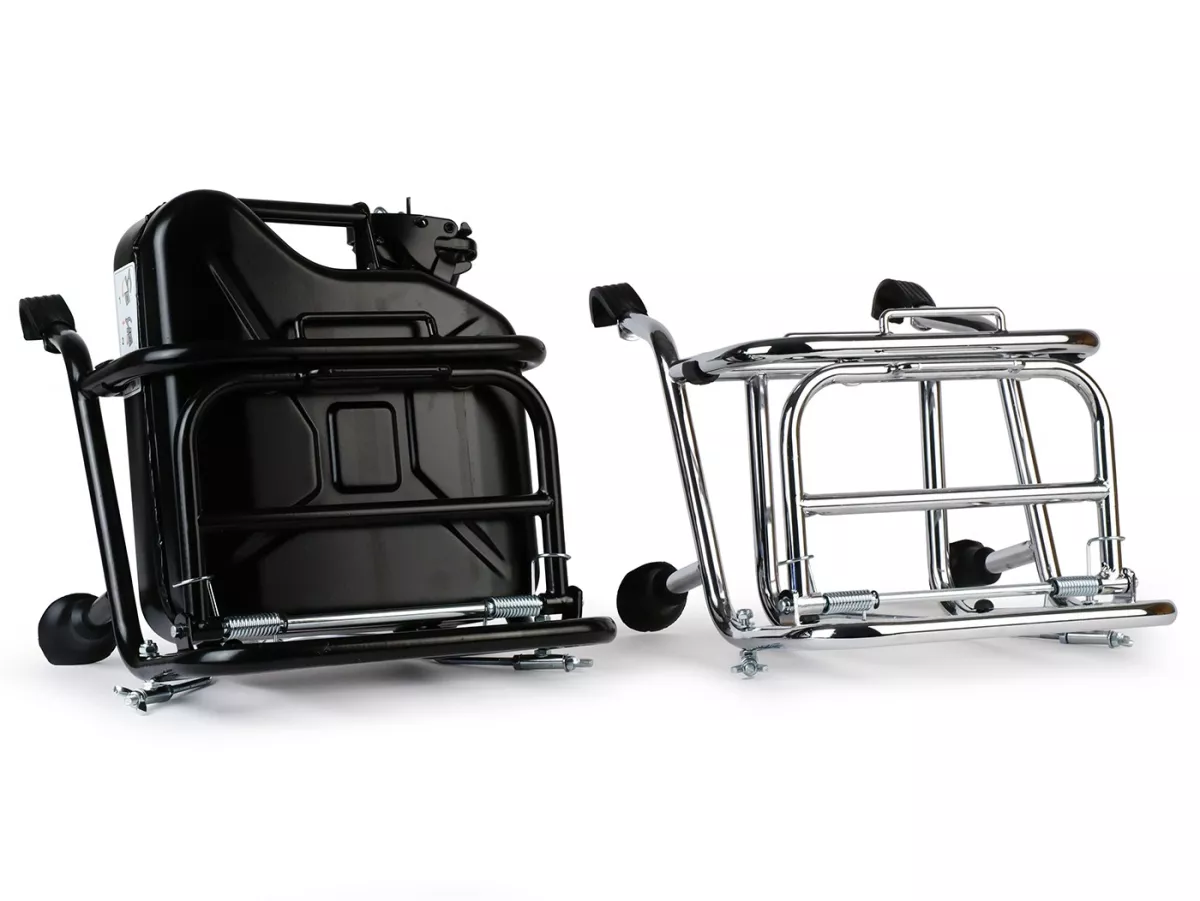 Opvouwbaar voorbagagerek -CUPPINI- zwart, voor het vervoeren van 5 liter benzineblikken- Vespa Largeframe PX, Rally, Sprint, GT, GTR,TS en Smallframe 50S/N/L/R, 50SR, PV, ET3, PK S, PK XL.