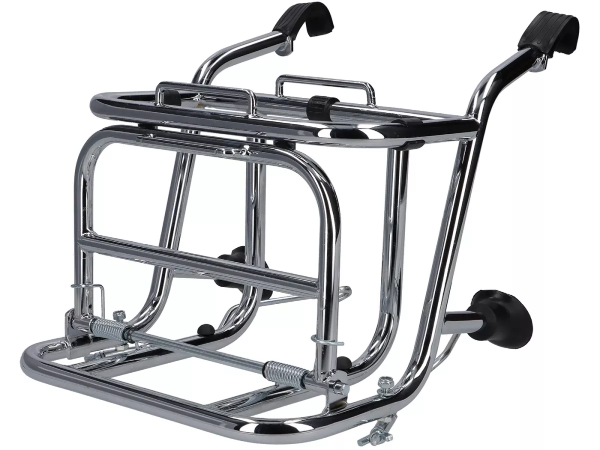 Rak bagasi depan lipat -CUPPINI- chrome, untuk mengangkut kaleng bensin 5 liter- Vespa Rangka Besar PX, Rally, Sprint, GT, GTR, TS dan Rangka Kecil 50S/N/L/R, 50SR, PV, ET3, PK S, PK XL