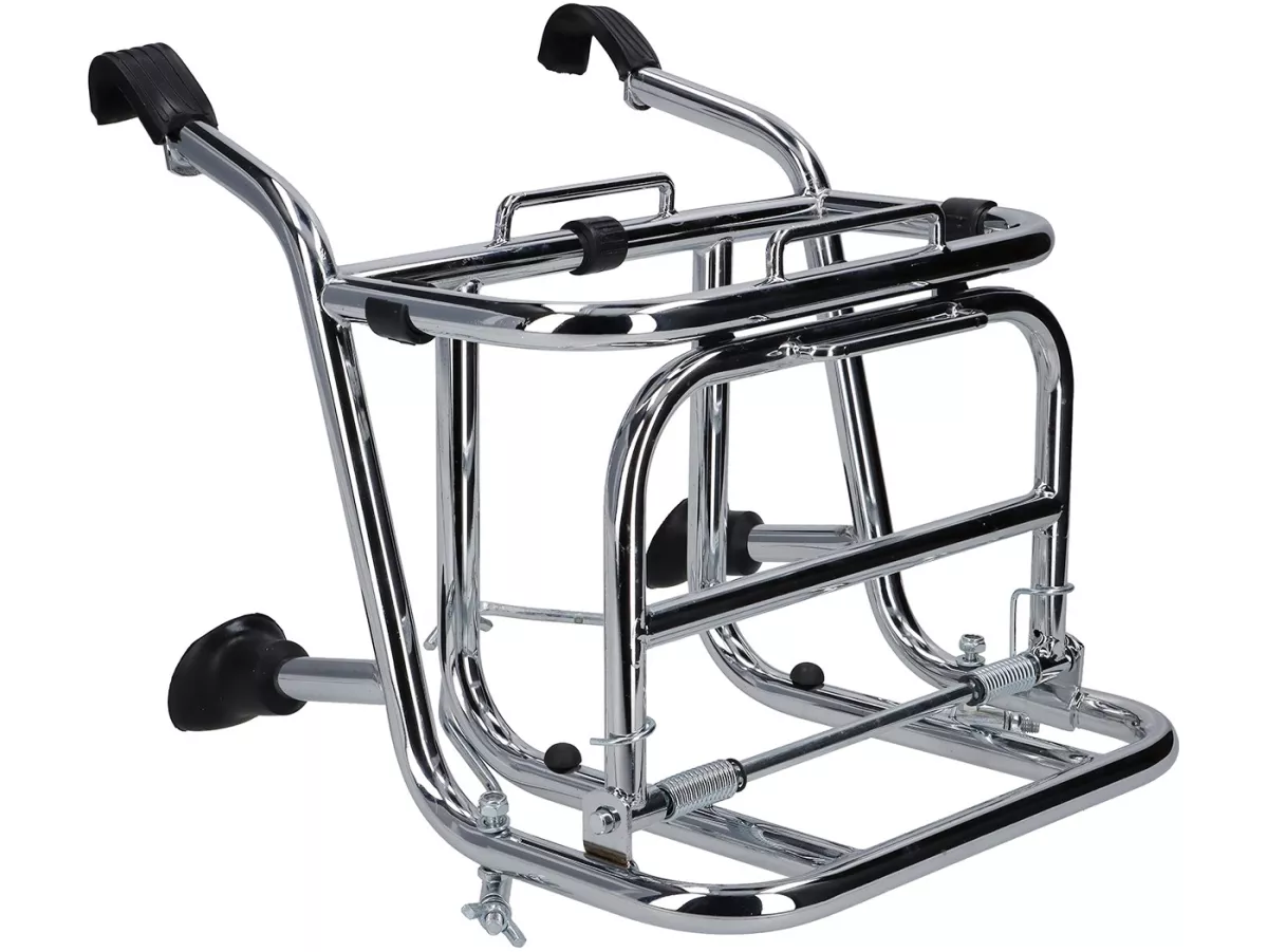Rak bagasi depan lipat -CUPPINI- chrome, untuk mengangkut kaleng bensin 5 liter- Vespa Rangka Besar PX, Rally, Sprint, GT, GTR, TS dan Rangka Kecil 50S/N/L/R, 50SR, PV, ET3, PK S, PK XL