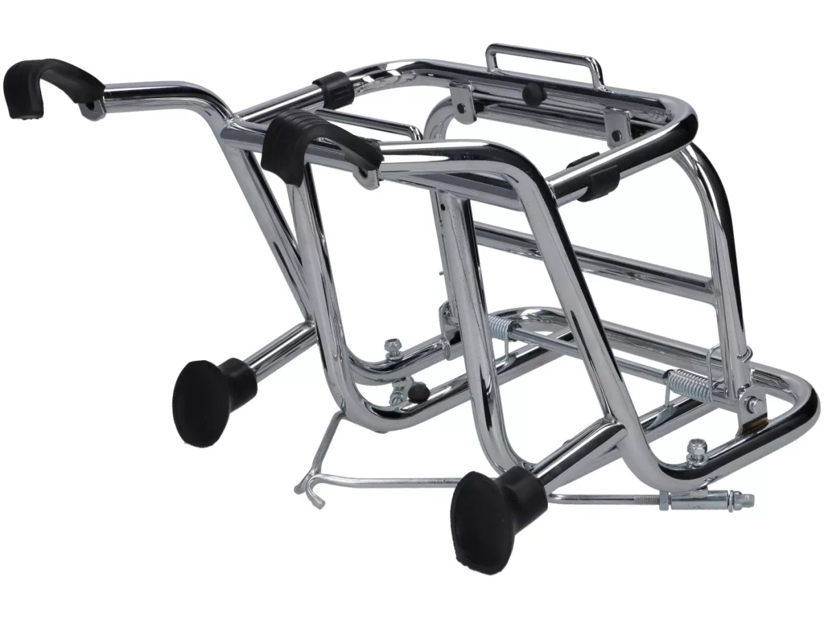 Rak bagasi depan lipat -CUPPINI- chrome, untuk mengangkut kaleng bensin 5 liter- Vespa Rangka Besar PX, Rally, Sprint, GT, GTR, TS dan Rangka Kecil 50S/N/L/R, 50SR, PV, ET3, PK S, PK XL
