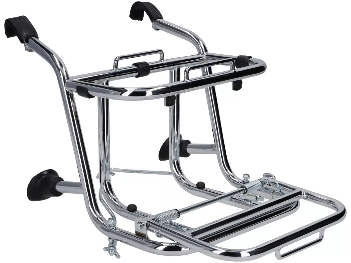 Rak bagasi depan lipat -CUPPINI- chrome, untuk mengangkut kaleng bensin 5 liter- Vespa Rangka Besar PX, Rally, Sprint, GT, GTR, TS dan Rangka Kecil 50S/N/L/R, 50SR, PV, ET3, PK S, PK XL